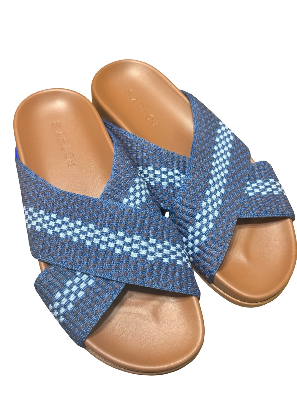 NWT Rothys The Weekend Slide Sandals 6 Crossover Strap Knit Indigo Casual Blue